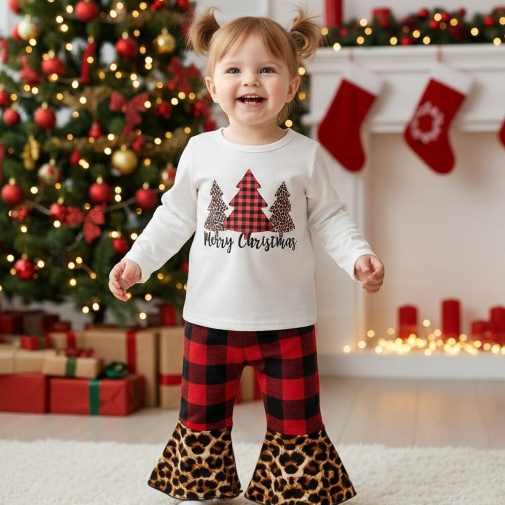 Girls' Merry Christmas Trees Leopard & Buffalo Plaid Bell Bottom Set